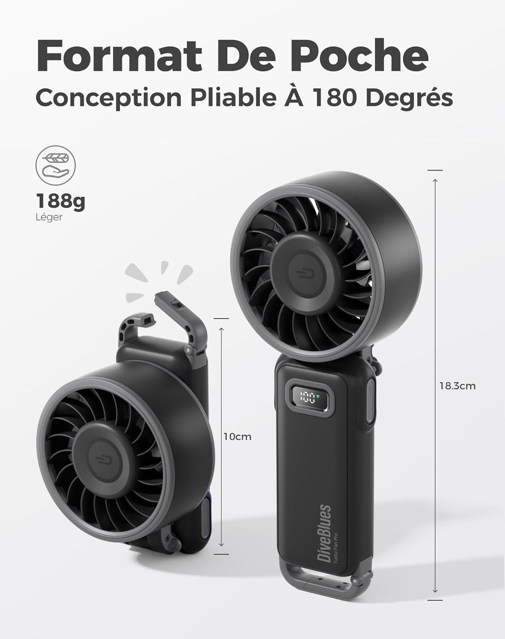 - Ventilateur Portable Compact Et Élégant Avec Batterie - Usage Main, Bureau, Cou Ou Pliable - Ventilation Jusqu'À 12 Heures - Idéal Pour Bureau, Voyage, Plage, Camping