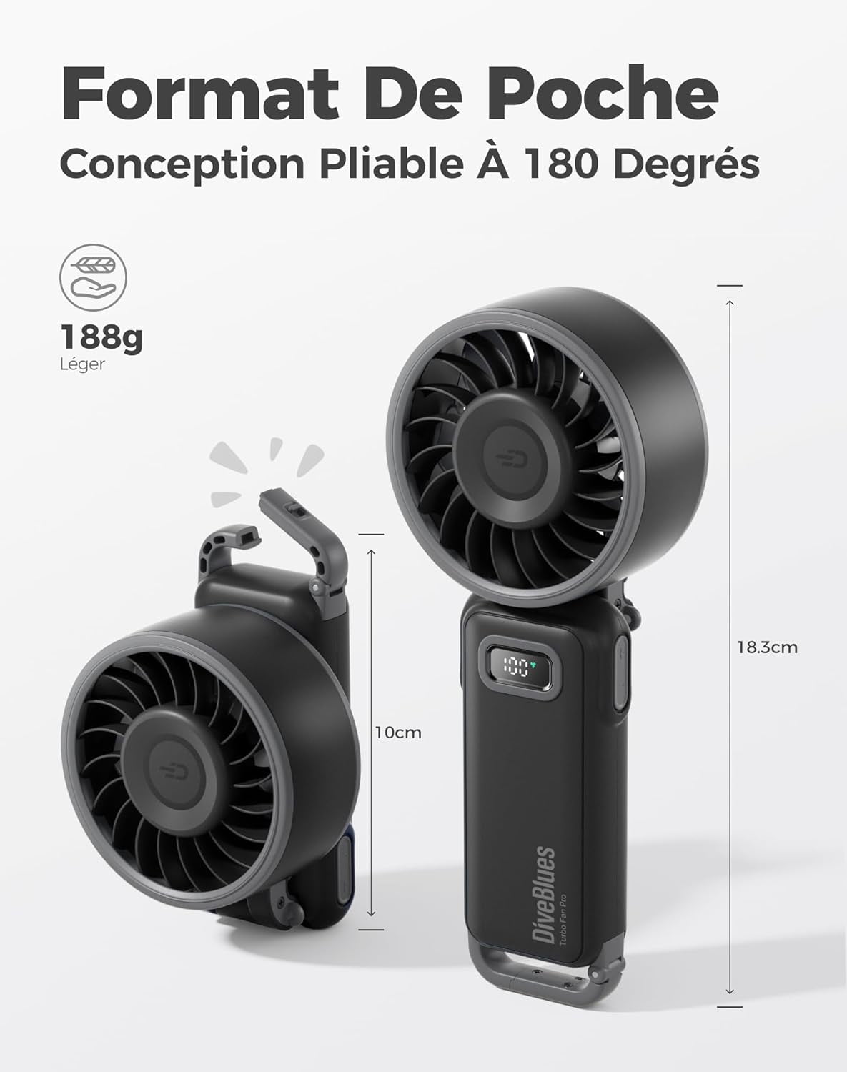 - Ventilateur Portable Compact Et Élégant Avec Batterie - Usage Main, Bureau, Cou Ou Pliable - Ventilation Jusqu'À 12 Heures - Idéal Pour Bureau, Voyage, Plage, Camping