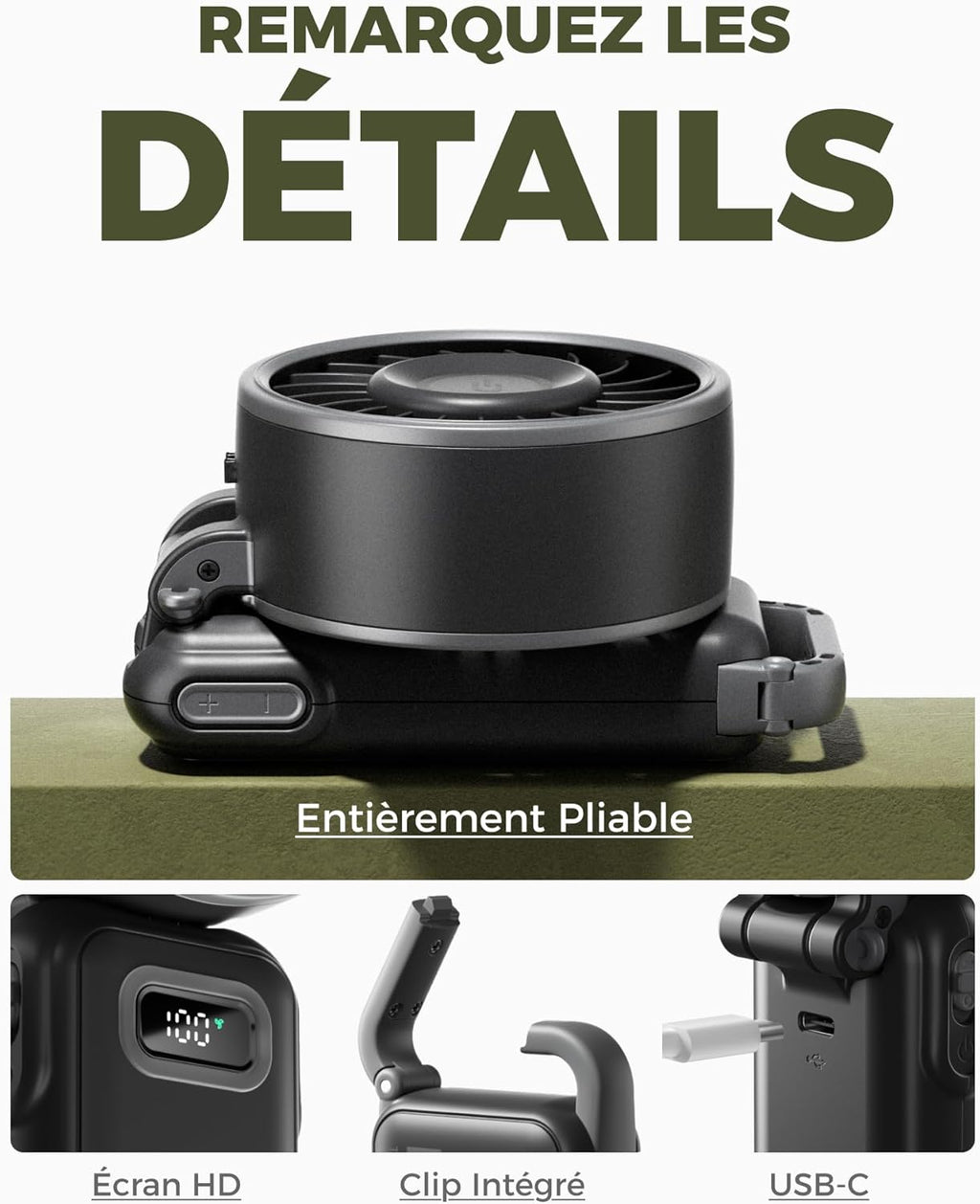 - Ventilateur Portable Compact Et Élégant Avec Batterie - Usage Main, Bureau, Cou Ou Pliable - Ventilation Jusqu'À 12 Heures - Idéal Pour Bureau, Voyage, Plage, Camping