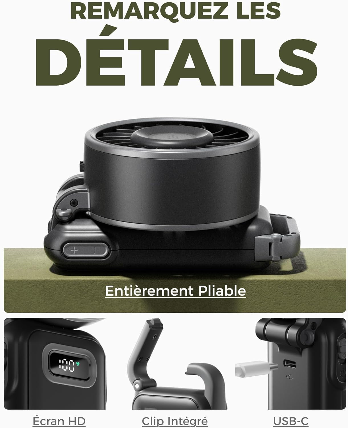 - Ventilateur Portable Compact Et Élégant Avec Batterie - Usage Main, Bureau, Cou Ou Pliable - Ventilation Jusqu'À 12 Heures - Idéal Pour Bureau, Voyage, Plage, Camping