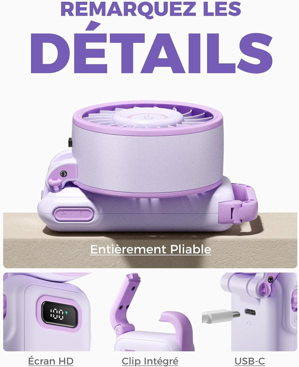 - Ventilateur Portable Compact Et Élégant Avec Batterie - Usage Main, Bureau, Cou Ou Pliable - Ventilation Jusqu'À 12 Heures - Idéal Pour Bureau, Voyage, Plage, Camping