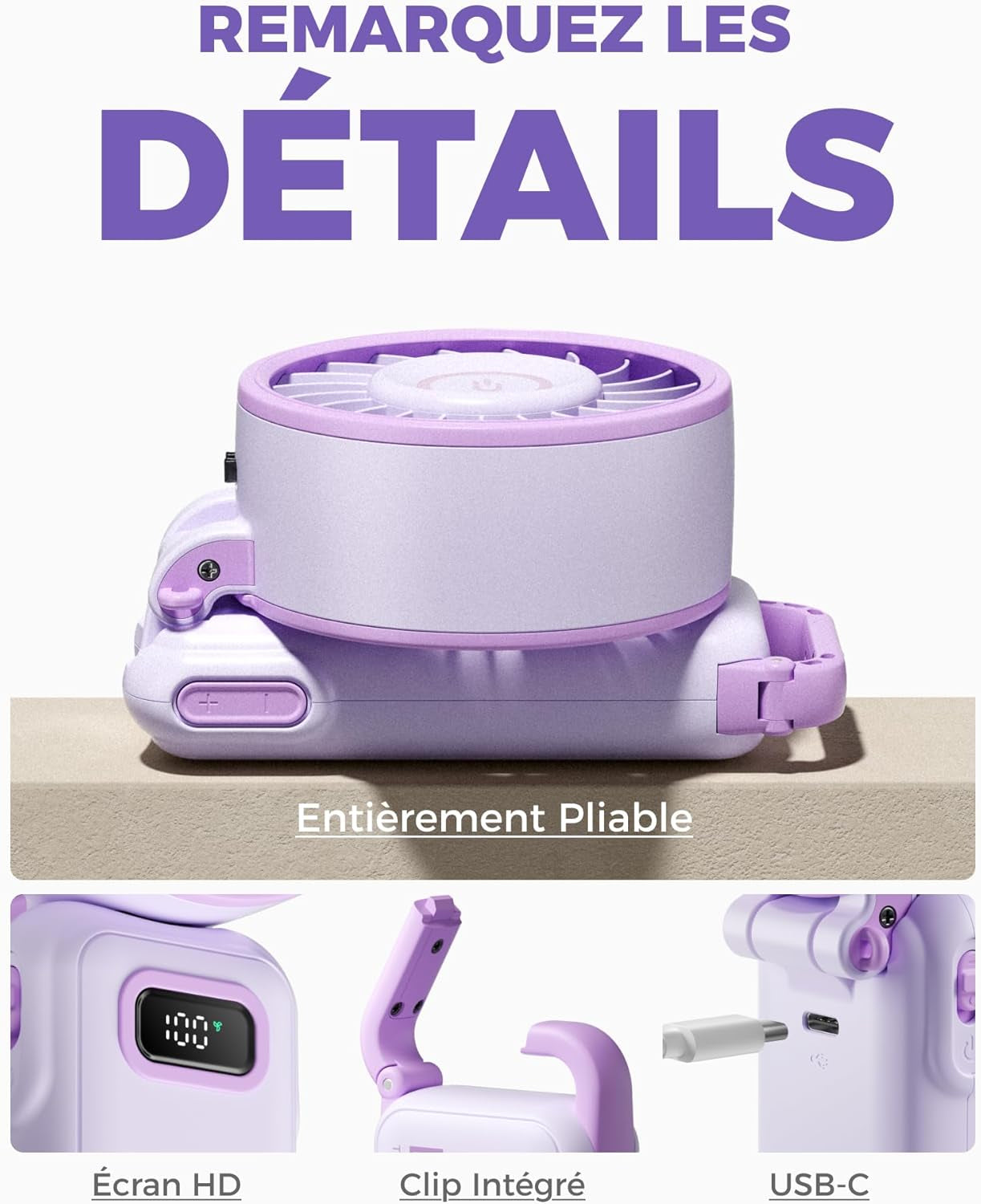 - Ventilateur Portable Compact Et Élégant Avec Batterie - Usage Main, Bureau, Cou Ou Pliable - Ventilation Jusqu'À 12 Heures - Idéal Pour Bureau, Voyage, Plage, Camping
