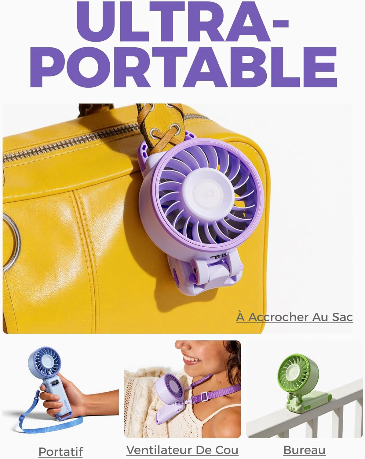 - Ventilateur Portable Compact Et Élégant Avec Batterie - Usage Main, Bureau, Cou Ou Pliable - Ventilation Jusqu'À 12 Heures - Idéal Pour Bureau, Voyage, Plage, Camping
