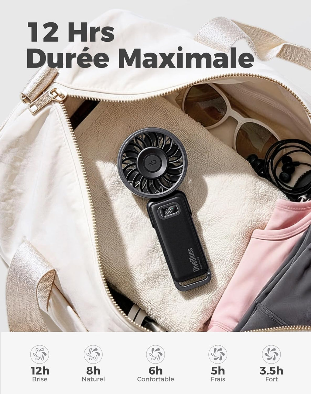 - Ventilateur Portable Compact Et Élégant Avec Batterie - Usage Main, Bureau, Cou Ou Pliable - Ventilation Jusqu'À 12 Heures - Idéal Pour Bureau, Voyage, Plage, Camping