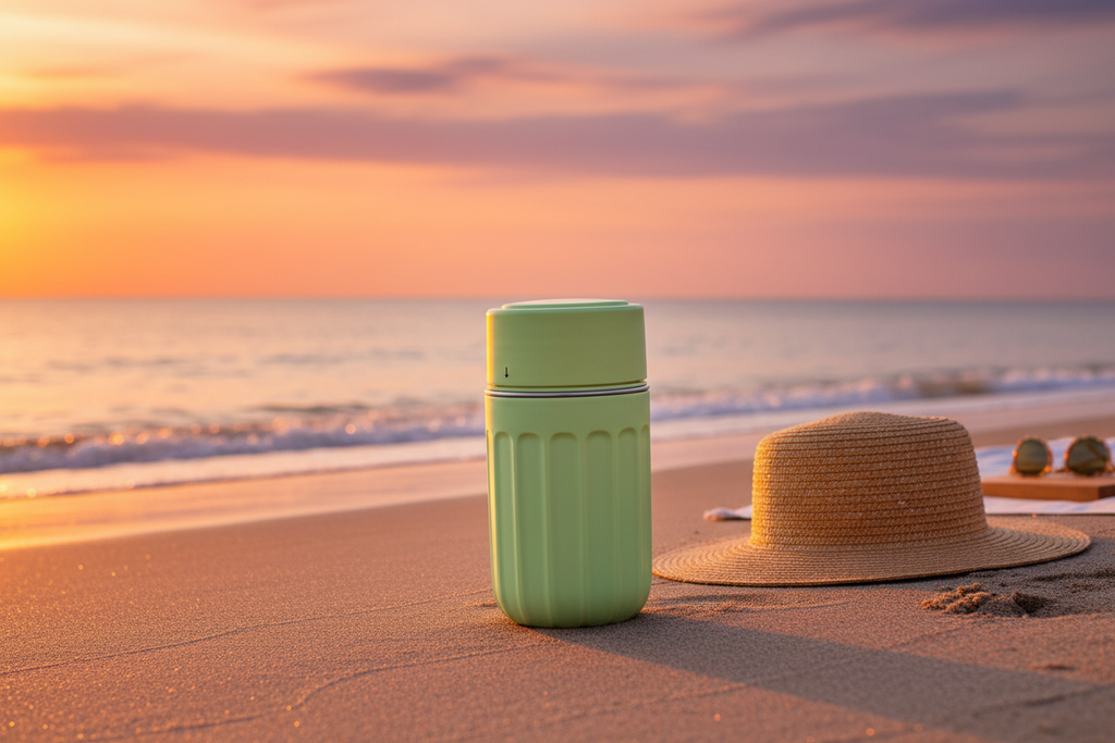 Bouteille verte - plage coucher de soleil apéro