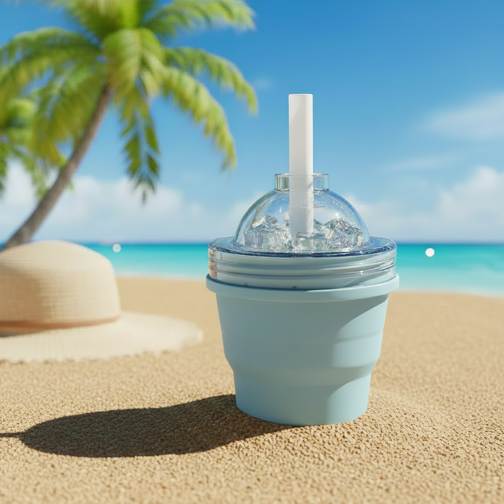 Gobelet bleu sur sable plage